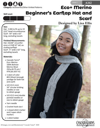 Beginners Earflap Hat and Scarf in Cascade Yarns Eco+ Merino - A342 - Downloadable PDF