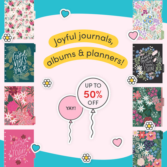 Up to 50 percent off journals, albums & planners!