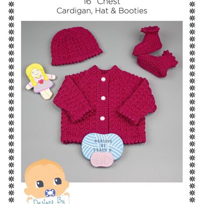 Caitlin Baby Cardigan, Hat & Booties knitting pattern 0-3 & 6-12mths