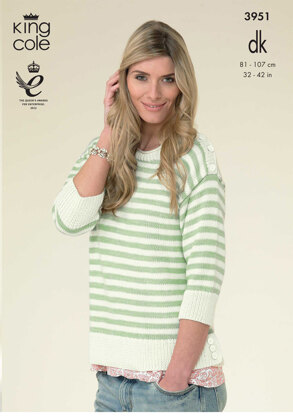 Ladies' Simple Striped Sweater and Cardigan in King Cole Cottonsoft DK - 3951