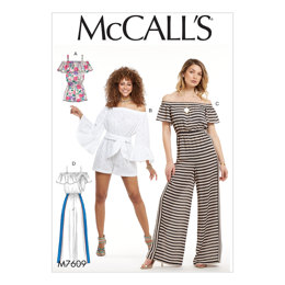 McCall's Misses' Pull-On Off-the-Shoulder Rompers and Jumpsuits with Elastic Waist and Sash M7609 - Sewing Pattern