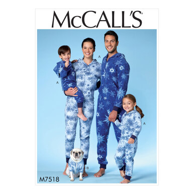 McCall's Men's/Misses'/Boys'/Girls'/Children's Hooded Jumpsuits and Dog Coat with Kangaroo Pocket M7518 - Sewing Pattern