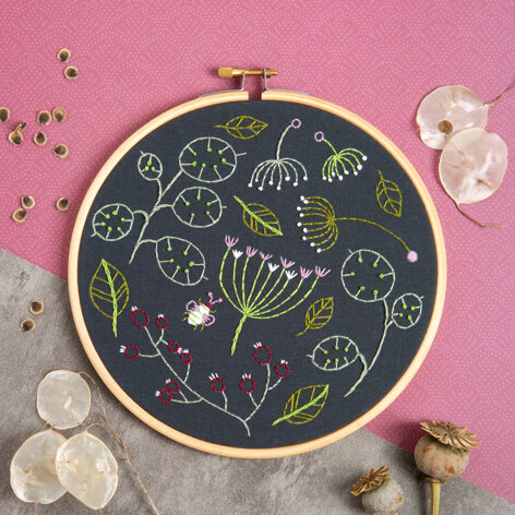 Hawthorn Handmade Black Seedhead Spray Printed Embroidery Kit - 16cm