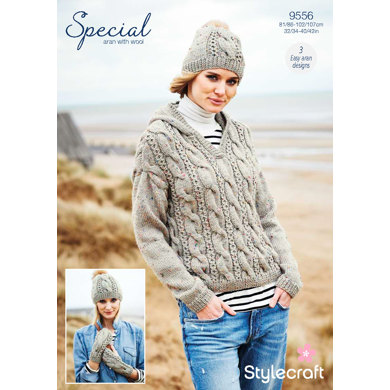Hooded Sweater, Mittens & Hat in Stylecraft Special Aran with Wool - 9556 - Downloadable PDF