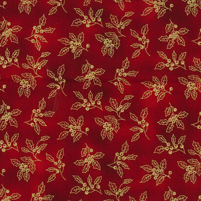 John Louden Louden Christmas Fabrics - Gold Holly on Red