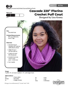 Crochet Puff Cowl in Cascade Yarns Cascade 220® Merino - W794 - Downloadable PDF