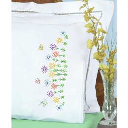 Jack Dempsey Stamped Pillowcases W White Lace Edge 2Pkg - Field of Flowers - Multi