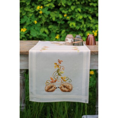 Vervaco Hedgehogs And Autumn Leaves Table Runner Printed Embroidery Kit - 40 x 100 cm
