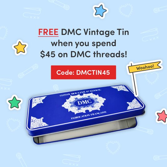 FREE DMC Vintage Tin when you spend $45 on DMC threads with code: DMCTIN45
