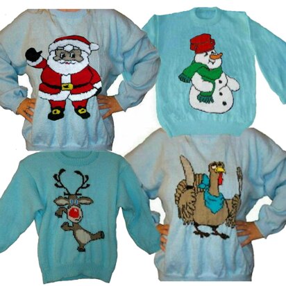 4 x Plus Size Christmas Jumper Knitting Patterns #17 Rudolph Santa Snowman Turkey
