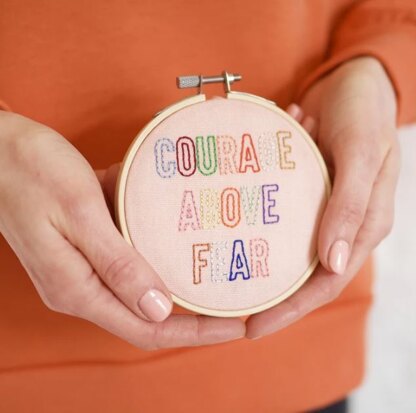 Cotton Clara Love Hearts Printed Embroidery Kit - Courage Over Fear - 11cm