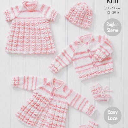 Matinee Coat, Top, Cardigan, Hat and Bootees Knitted in King Cole DK - 5700 - Downloadable PDF