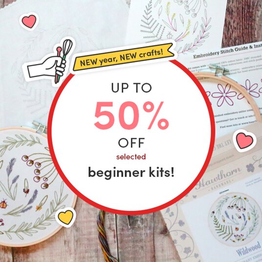 Up to 50 percent off beginner embroidery & cross stitch kits!