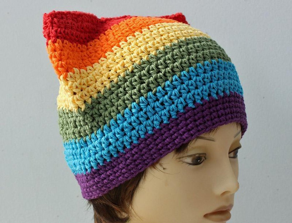 Gay Pride Rainbow Pussy Hat Crochet pattern by Judith Stalus.