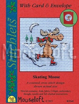 Mouseloft Skating Moose Card Christmas Stitchlets Cross Stitch Kit - 100 x 125 x 12