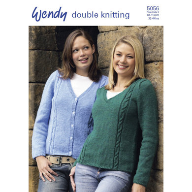 V Neck Sweater and Cardigan with Cable Panel in Wendy Merino DK - 5056