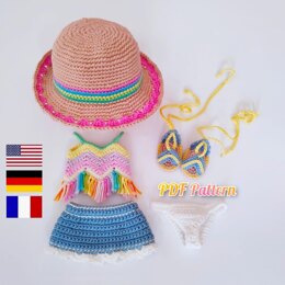 Doll clothes crochet pattern, summer outfit for Astrid, Amigurumi doll outfits (English, Deutsch, Français)