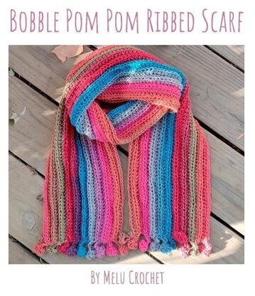 Bobble Pom Pom Ribbed Scarf by Melu Crochet