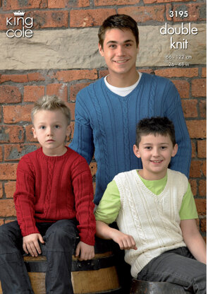 Adult and Childrens' Cable Sweater and Slipover in King Cole Bamboo Cotton DK - 3195