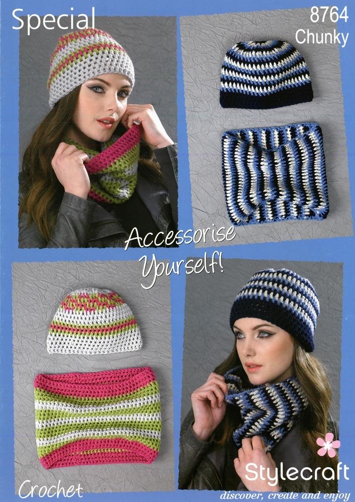 Stylecraft 8764 Crochet Pattern Ladies Beanie Hat Cowl Special Chunky 