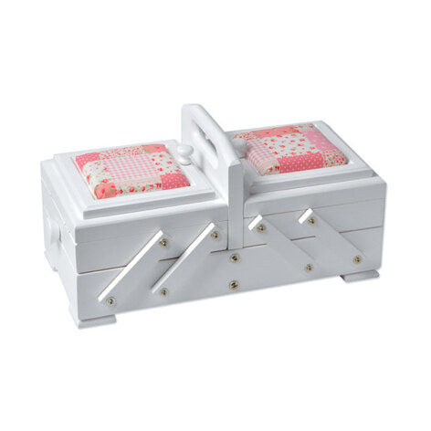 Sewandso Sewing Box with Rose Quilt Cushion Lids, Painted White