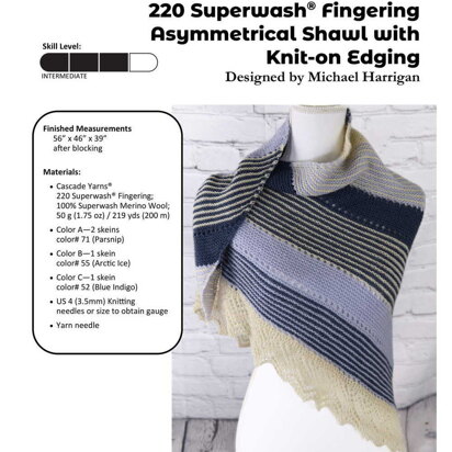 Asymmetrical Shawl with Knit-on Edging in Cascade Yarns 220 Superwash Fingering - FW302 - Downloadable PDF