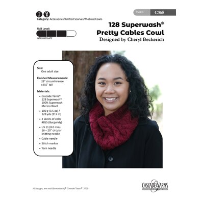 128 Superwash Pretty Cables Cowl in Cascade Yarns - C365 - Downloadable PDF