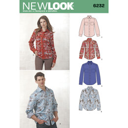 New Look Misses' and Men's Button Down Shirt 6232 - Paper Pattern, Size A (8 -18 / XS -XL)