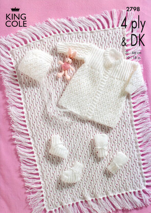 Matinee Coat, Bonnet, Booties, Mitts and Pram Cover in King Cole Big Value Baby DK & 4 Ply - 2798
