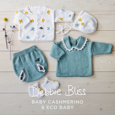 Flower Baby Jumper, Bloomers, Cardigan, Sandals & Bonnet - Baby Layette Knitting Pattern for Babies in Debbie Bliss
