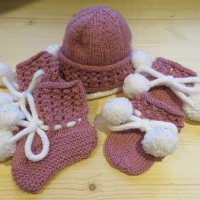 Baby Winter Lacy Top Beanie, Bootee, Mitten Set