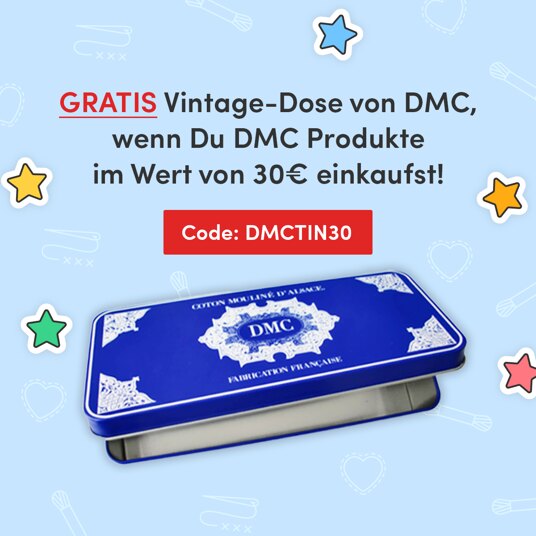 GRATIS Vintage-Dose von DMC, wenn Du DMC Stickgarn in Wert von 30€ einkaufst! Code: DMCTIN30